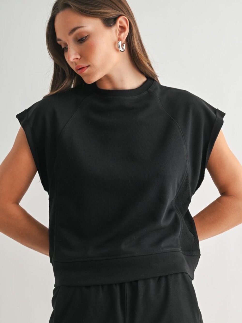 Mono B French Terry Cap Sleeve Active Top - Black